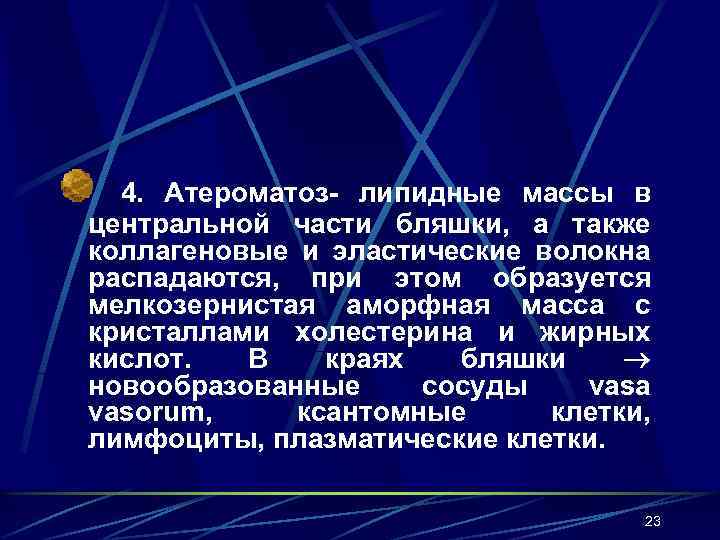 4. Атероматоз- липидные массы в центральной части бляшки, а также коллагеновые и эластические волокна