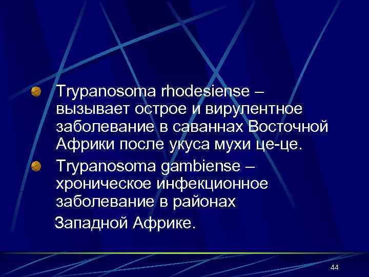 Trypanosoma rhodesiense – вызывает острое и вирулентное заболевание в саваннах Восточной Африки после укуса