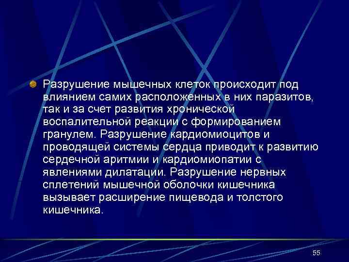 Разрушение мышечных клеток происходит под влиянием самих расположенных в них паразитов, так и за