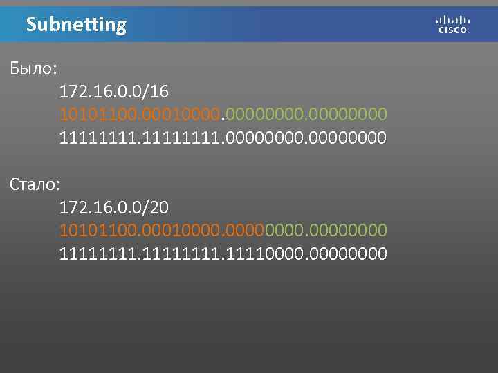 Subnetting Было: 172. 16. 0. 0/16 10101100. 000100000000 11111111. 0000 Стало: 172. 16. 0.