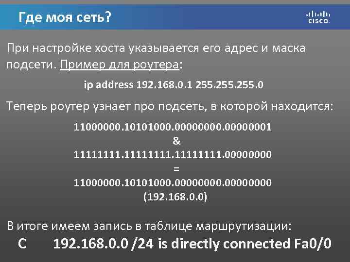 Где моя сеть? При настройке хоста указывается его адрес и маска подсети. Пример для