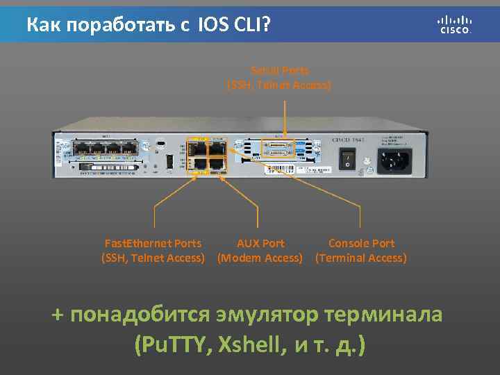 Как поработать с IOS CLI? Serial Ports (SSH, Telnet Access) Fast. Ethernet Ports AUX