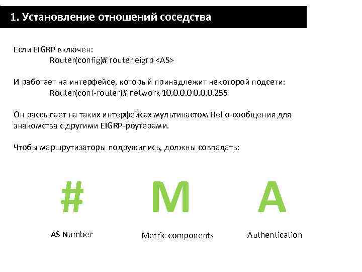 1. Установление отношений соседства Если EIGRP включен: Router(config)# router eigrp <AS> И работает на