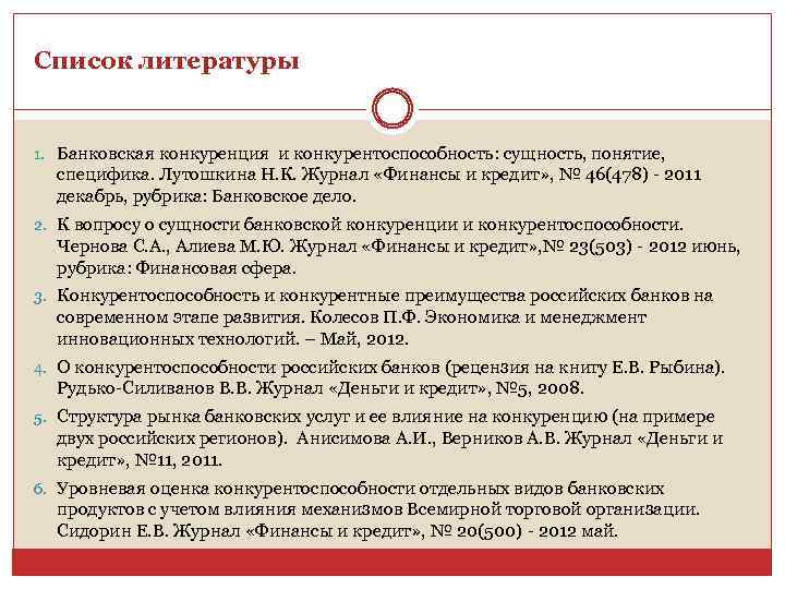 Список литературы 1. Банковская конкуренция и конкурентоспособность: сущность, понятие, специфика. Лутошкина Н. К. Журнал