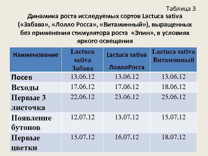 Таблица 3 Динамика роста исследуемых сортов Lactuca sativa ( «Забава» , «Лолло Росса» ,