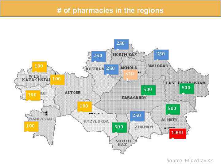 # of pharmacies in the regions 250 + 100 + 250 + <10 0