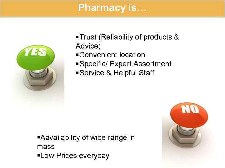 Pharmacy is… §Trust (Reliability of products & Advice) §Convenient location §Specific/ Expert Assortment §Service