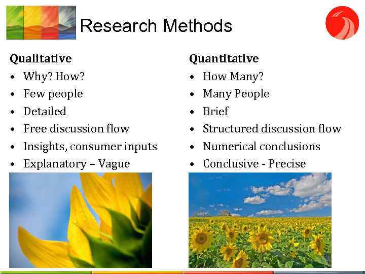 Research Methods Qualitative • Why? How? • Few people • Detailed • Free discussion