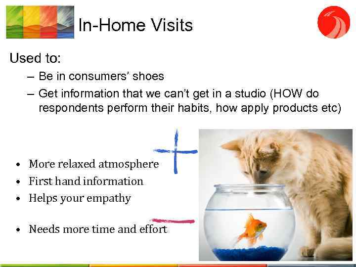 In-Home Visits Used to: – Be in consumers’ shoes – Get information that we