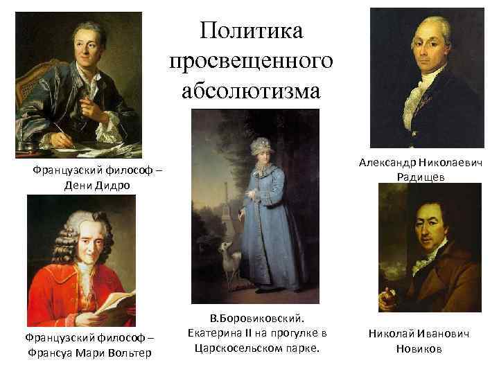 Политика просвещенного абсолютизма Александр Николаевич Радищев Французский философ – Дени Дидро Французский философ –