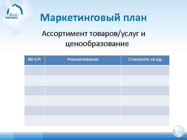 Маркетинговый план Ассортимент товаров/услуг и ценообразование № п/п Наименование Стоимость за ед. 