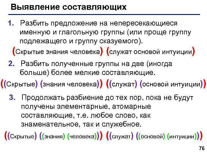 Выявление составляющих 1. Разбить предложение на непересекающиеся именную и глагольную группы (или проще группу