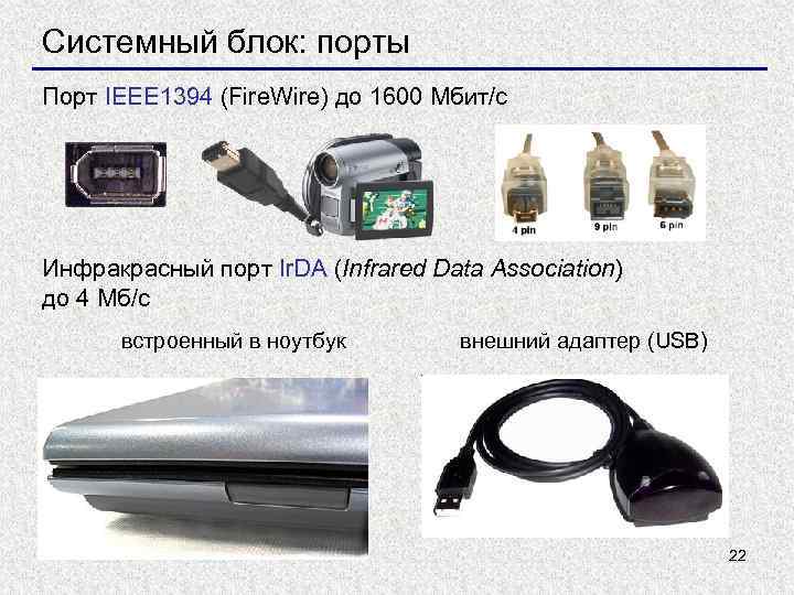 Системный блок: порты Порт IEEE 1394 (Fire. Wire) до 1600 Мбит/c Инфракрасный порт Ir.