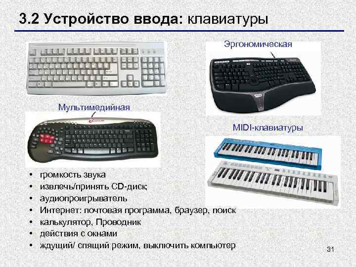 3. 2 Устройство ввода: клавиатуры Эргономическая Мультимедийная MIDI-клавиатуры • • громкость звука извлечь/принять CD-диск;