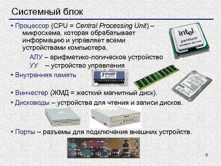 Системный блок • Процессор (CPU = Central Processing Unit) – микросхема, которая обрабатывает информацию