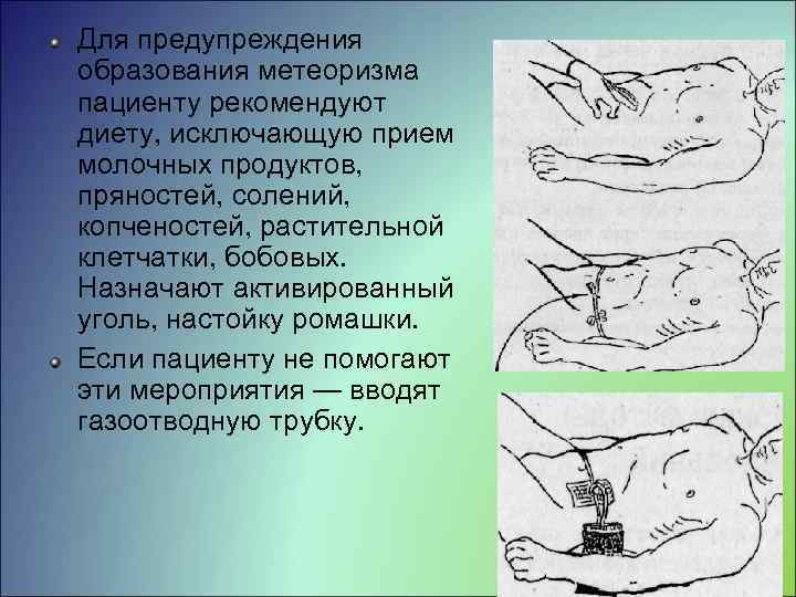 Для предупреждения образования метеоризма пациенту рекомендуют диету, исключающую прием молочных продуктов, пряностей, солений, копченостей,