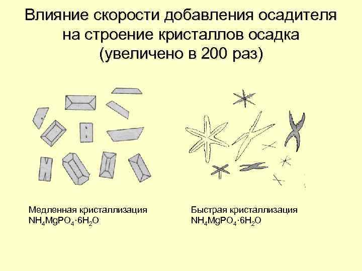 Влияние скорости добавления осадителя на строение кристаллов осадка (увеличено в 200 раз) Медленная кристаллизация