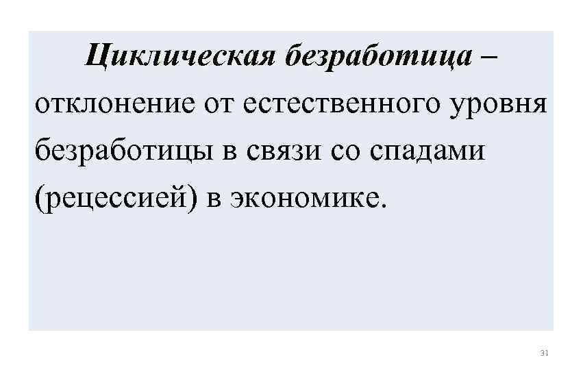 Циклическая безработица – отклонение от естественного уровня безработицы в связи со спадами (рецессией) в