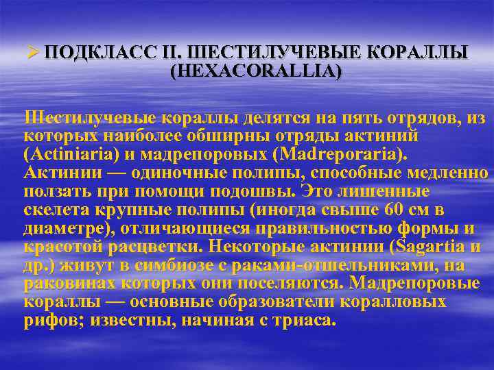 Ø ПОДКЛАСС II. ШЕСТИЛУЧЕВЫЕ КОРАЛЛЫ (НЕХАСОRALLIA) Шестилучевые кораллы делятся на пять отрядов, из которых