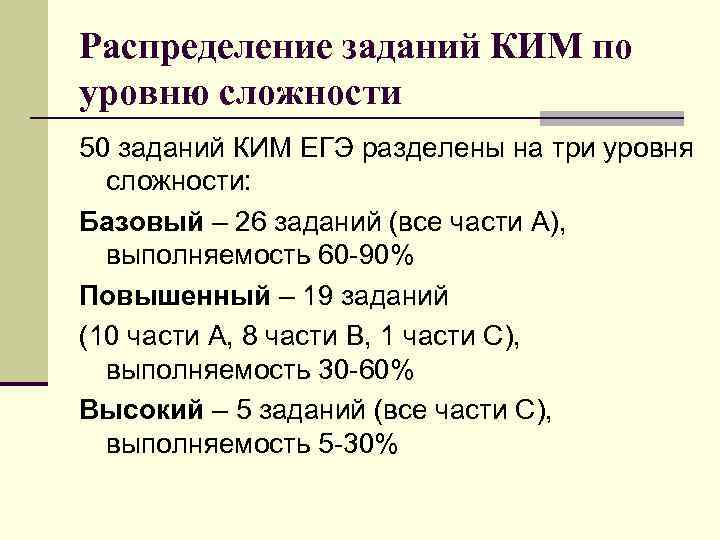 Распределение заданий КИМ по уровню сложности 50 заданий КИМ ЕГЭ разделены на три уровня