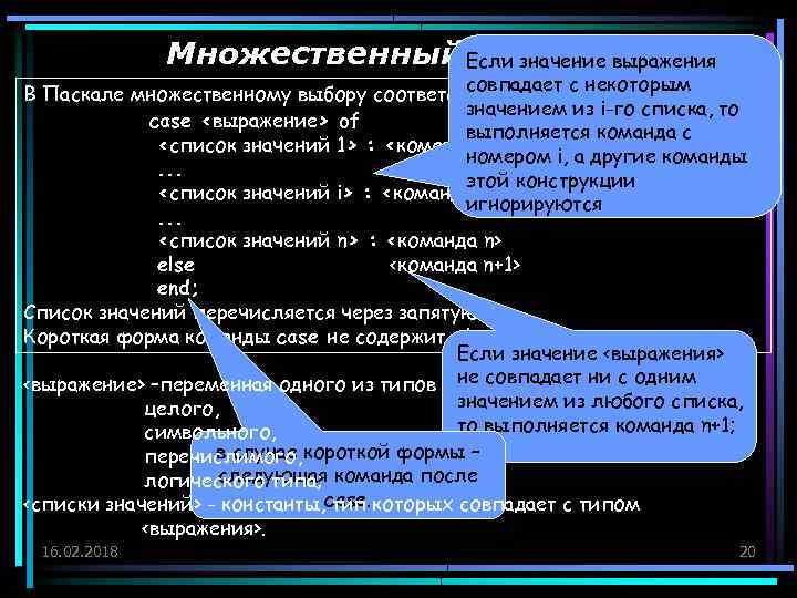 Множественный Если значение выражения выбор. совпадает с некоторым В Паскале множественному выбору соответствует команда