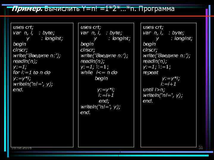 Пример. Вычислить Y=n! =1*2*…*n. Программа uses crt; var n, i, : byte; y :