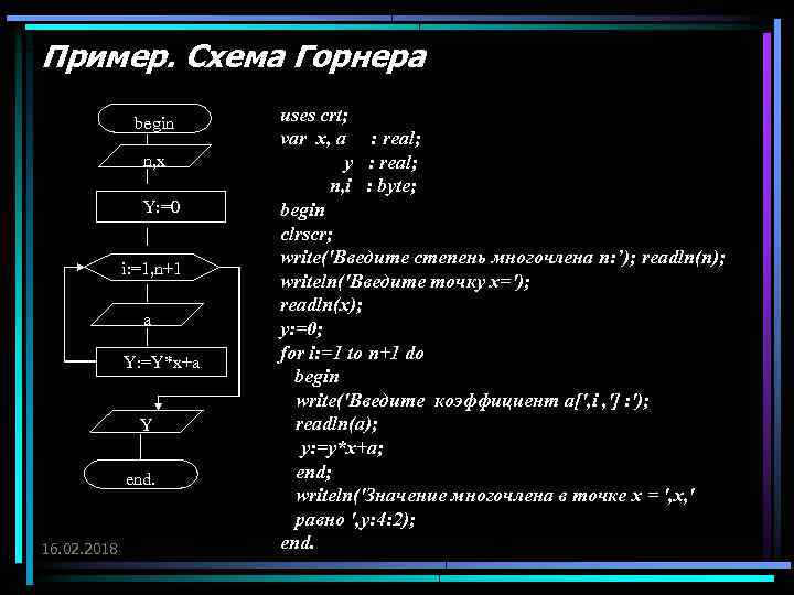 Пример. Схема Горнера begin n, x Y: =0 i: =1, n+1 a Y: =Y*x+a