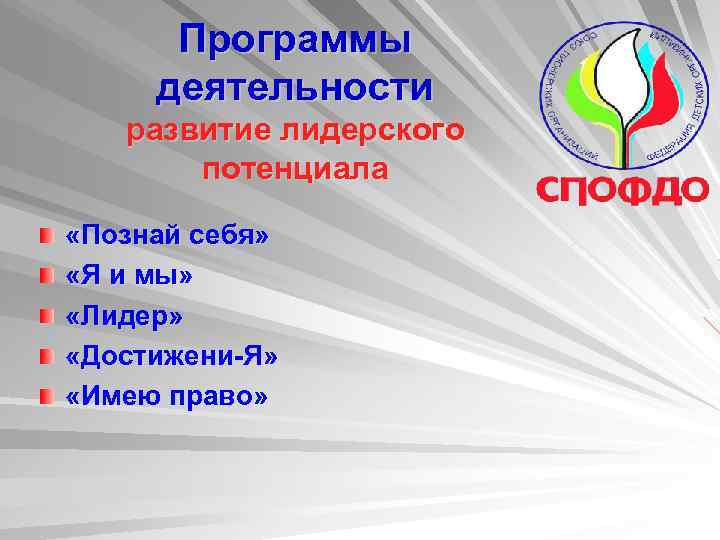 Программы деятельности развитие лидерского потенциала «Познай себя» «Я и мы» «Лидер» «Достижени-Я» «Имею право»