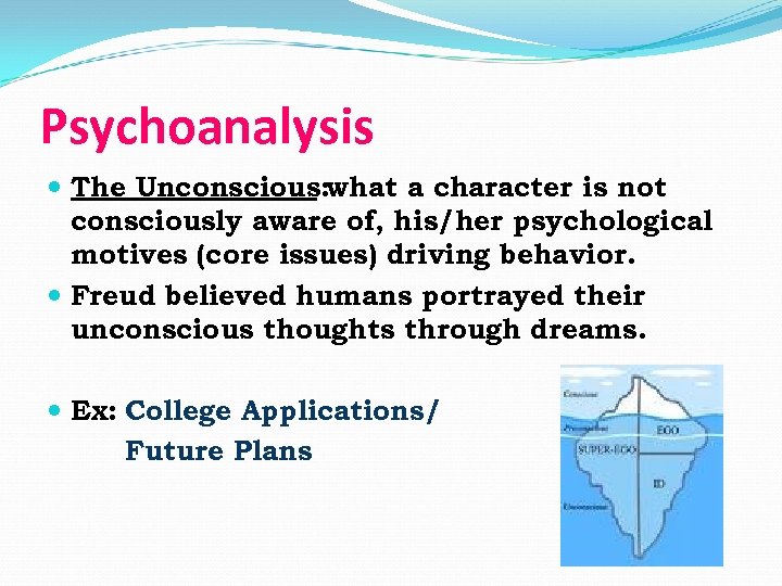 Psychoanalysis The Unconscious: what a character is not consciously aware of, his/her psychological motives