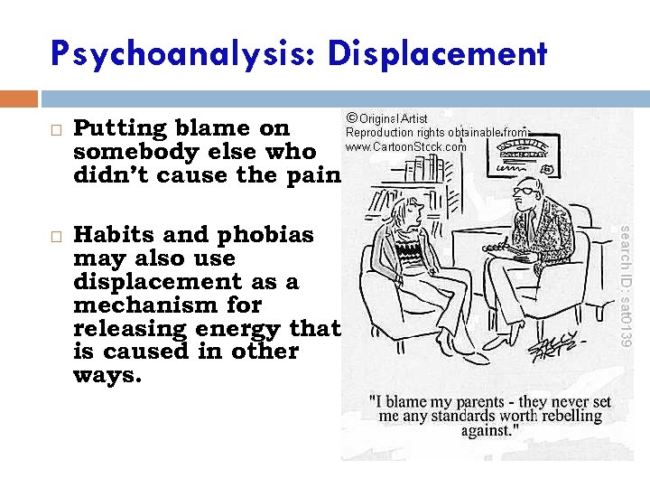 Psychoanalysis: Displacement Putting blame on somebody else who didn’t cause the pain. Habits and