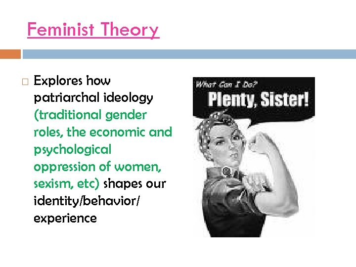 Feminist Theory Explores how patriarchal ideology (traditional gender roles, the economic and psychological oppression