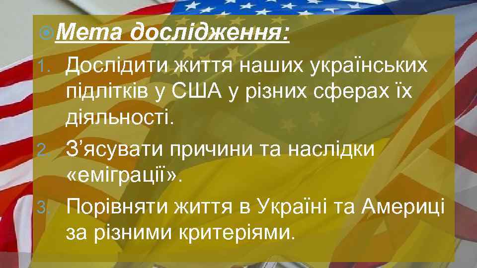  Мета дослідження: Дослідити життя наших українських підлітків у США у різних сферах їх
