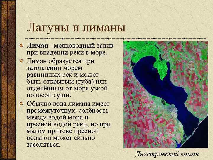 Лагуны и лиманы Лиман –мелководный залив при впадении реки в море. Лиман образуется при