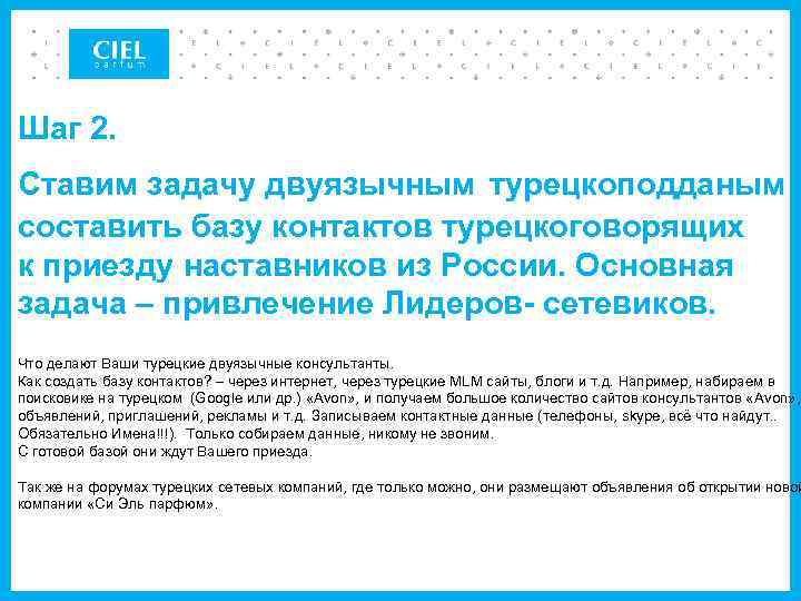 Шаг 2. Ставим задачу двуязычным турецкоподданым составить базу контактов турецкоговорящих к приезду наставников из