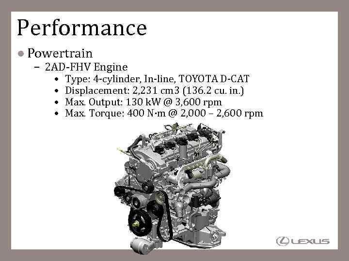Performance Powertrain – 2 AD-FHV Engine • • Type: 4 -cylinder, In-line, TOYOTA D-CAT