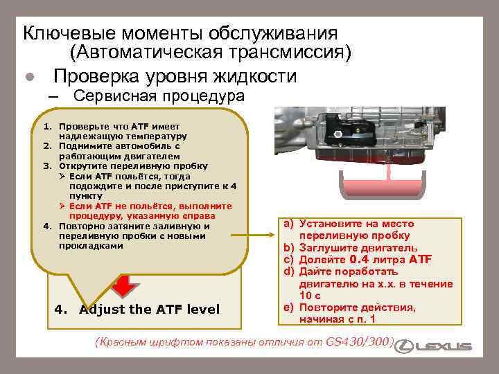 Ключевые моменты обслуживания (Автоматическая трансмиссия) Проверка уровня жидкости – Сервисная процедура 1. Проверьте что