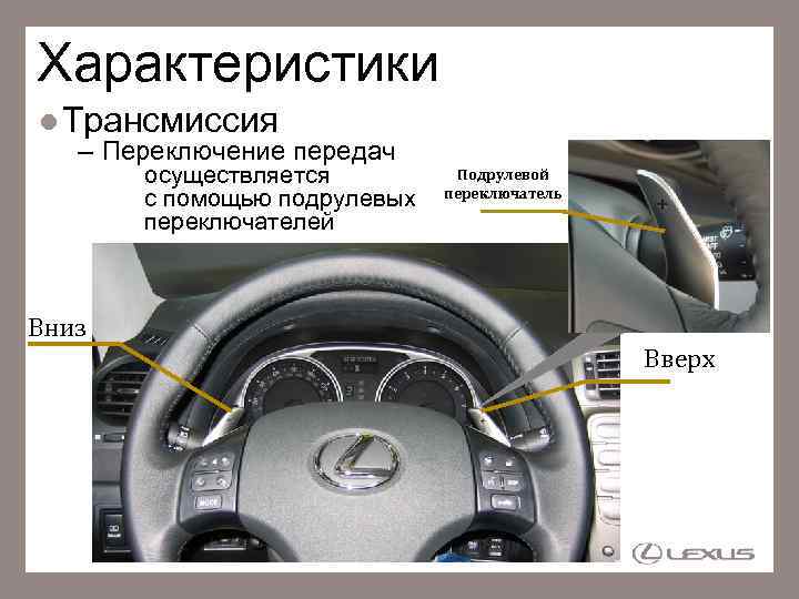 Характеристики Трансмиссия – Переключение передач осуществляется с помощью подрулевых переключателей Подрулевой переключатель Вниз Вверх