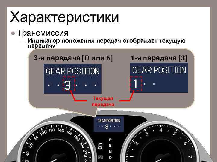Характеристики Трансмиссия – Индикатор положения передач отображает текущую передачу 3 -я передача [D или