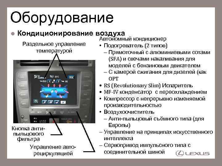 Оборудование Кондиционирование воздуха Раздельное управление температурой Кнопка антипыльцового фильтра Управление авторециркуляцией Автономный кондиционер •