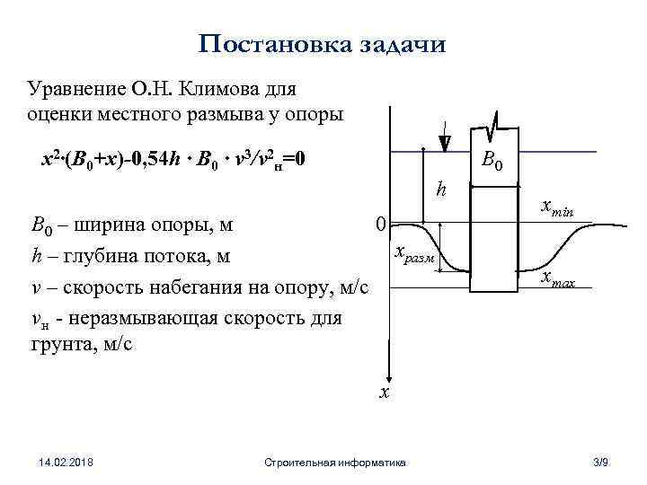 Постановка задачи Уравнение О. Н. Климова для оценки местного размыва у опоры B 0