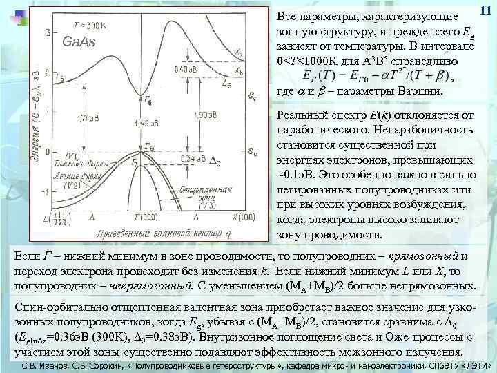 11 Все параметры, характеризующие зонную структуру, и прежде всего Eg зависят от температуры. В