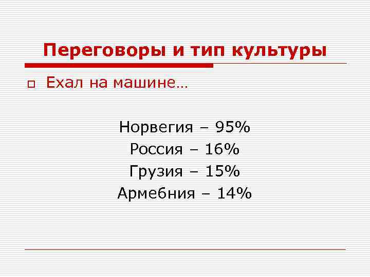 Переговоры и тип культуры o Ехал на машине… Норвегия – 95% Россия – 16%