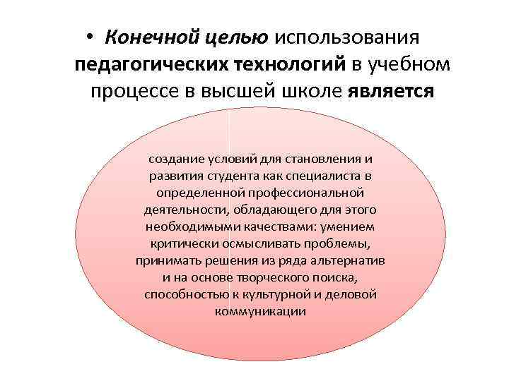  • Конечной целью использования педагогических технологий в учебном процессе в высшей школе является