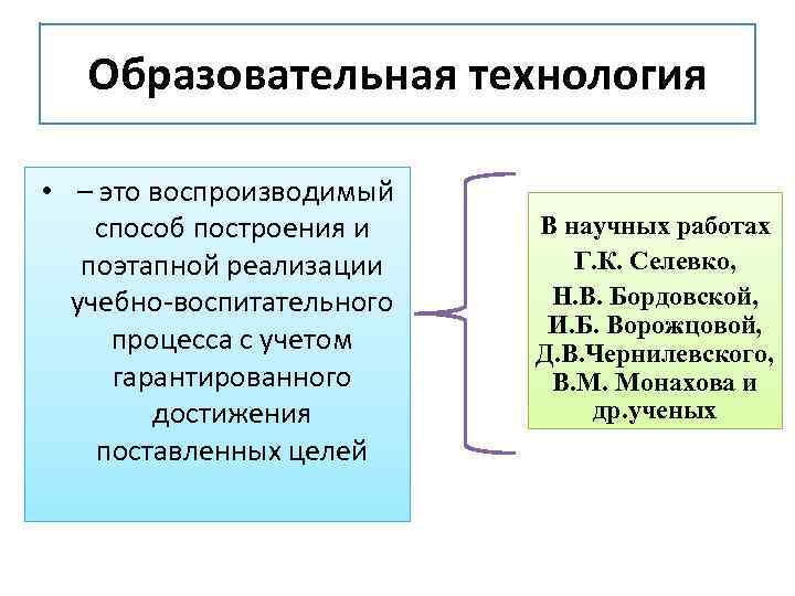 Образовательная технология • – это воспроизводимый способ построения и поэтапной реализации учебно-воспитательного процесса с