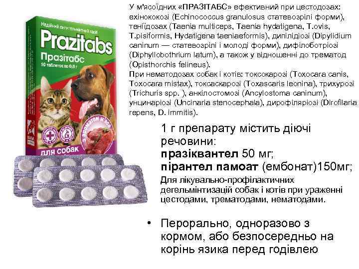 У м'ясоїдних «ПРАЗІТАБС» ефективний при цестодозах: ехінококозі (Echinococcus granulosus статевозрілі форми), теніїдозах (Taenia multiceps,