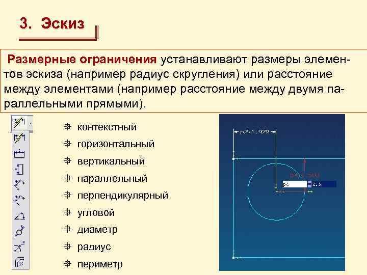 3. Эскиз Размерные ограничения устанавливают размеры элеменограничения тов эскиза (например радиус скругления) или расстояние