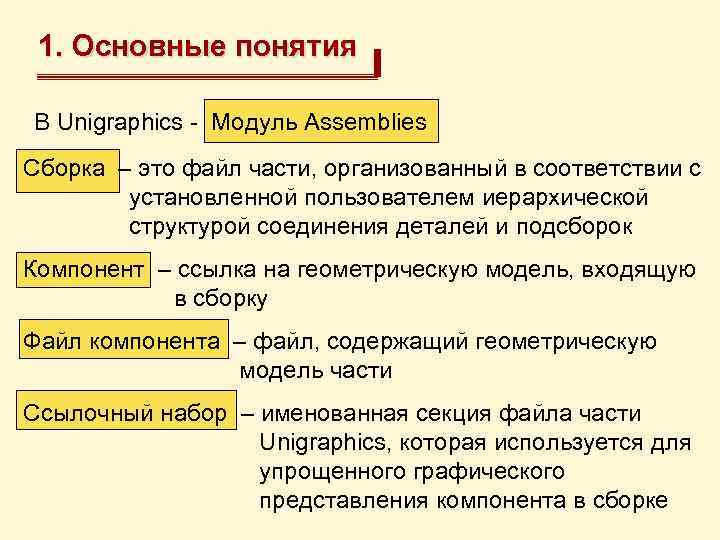 1. Основные понятия В Unigraphics - Модуль Assemblies Сборка – это файл части, организованный