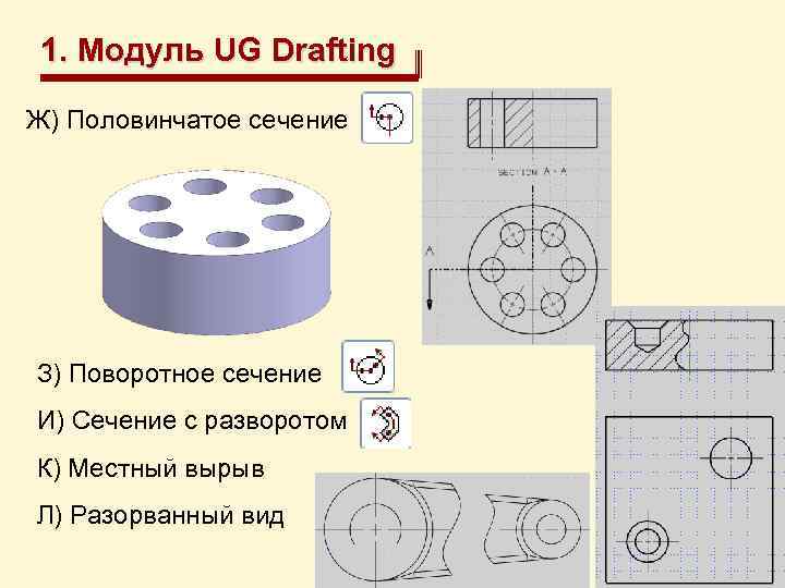 1. Модуль UG Drafting Ж) Половинчатое сечение З) Поворотное сечение И) Сечение с разворотом