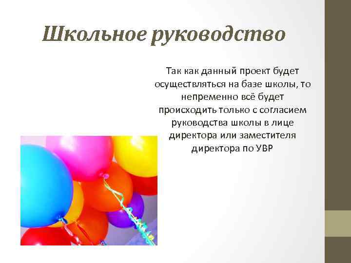Школьное руководство Так как данный проект будет осуществляться на базе школы, то непременно всё