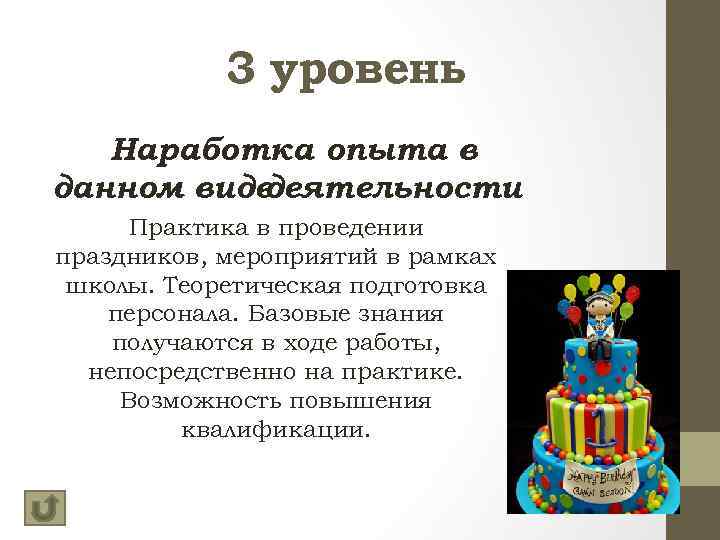 3 уровень Наработка опыта в данном виде деятельности Практика в проведении праздников, мероприятий в